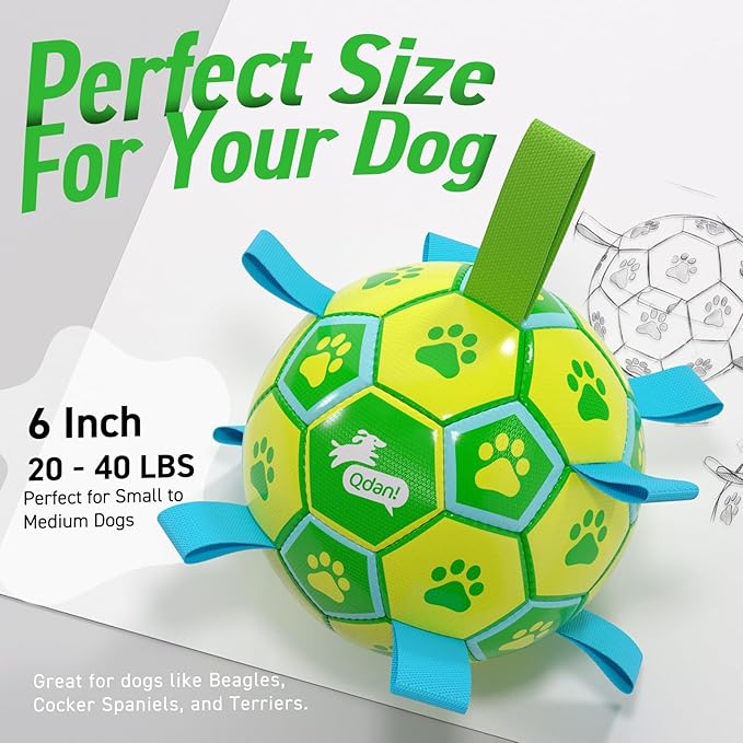 QDAN Dog Toys Soccer Ball, Dog Tug Toy, Water Toy, Durable Balls for Small Medium Dogs-Green Yellow(6 inch)