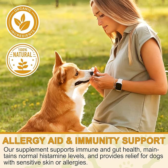 Dog Allergy Aid Immune Support Supplement, 180 Count, Natural Supplements with Omega-3, Probiotics, Vitamins for Skin, Coat & Seasonal Allergies