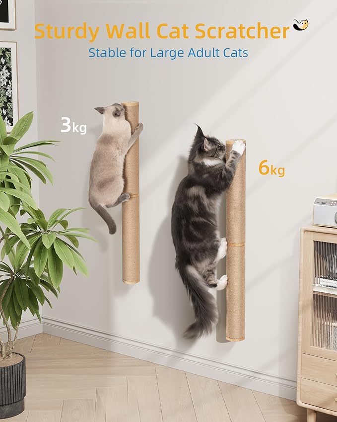 Aechonow 68" Wall Mounted Cat Scratcher, 2-Pcs of 34inch Tall Sisal Scratching Posts, Wall Mounted Cat Pole for Indoor Large Adult Cats Climb Stretch Play, Wooden
