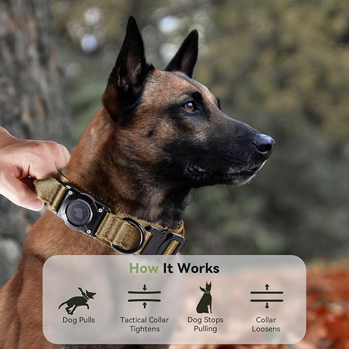2026 Upgrade Waterproof AirTag Dog Collar, Military Tactical Dog Collar with AirTag Holder, Comfortable Control Handle and Metal Buckle, GPS Dog Collar Holder for Medium to Large Dogs (Khaki,X L)