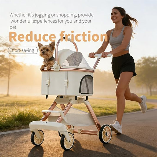 All-Terrain Pet Stroller for Small Medium Dogs & Cats, 20 lbs Capacity - Portable Carrier with One-Touch Brake, Lightweight Foldable Design & Shock Absorption Wheels,Khaki