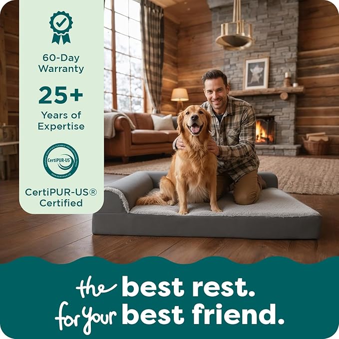FurHaven Orthopedic Dog Bed for Large Dogs, L-Shaped Chaise Contour Mattress with Solid Orthopedic Foam Slab for Joint Support, Removable Washable Cover, Jumbo Plus/XXL, Faux Fur & Suede, Espresso