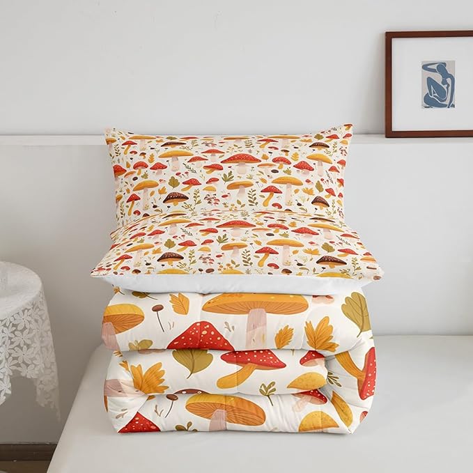 Erosebridal Rainbow Colorful Mushroom Twin Comforter Set Orange Wild Fungus Bedding Sets Botanical Plants Bedding Comforter White Duvet Set Leaves Cartoon Lady Room Décorative Cozy 2 Piece
