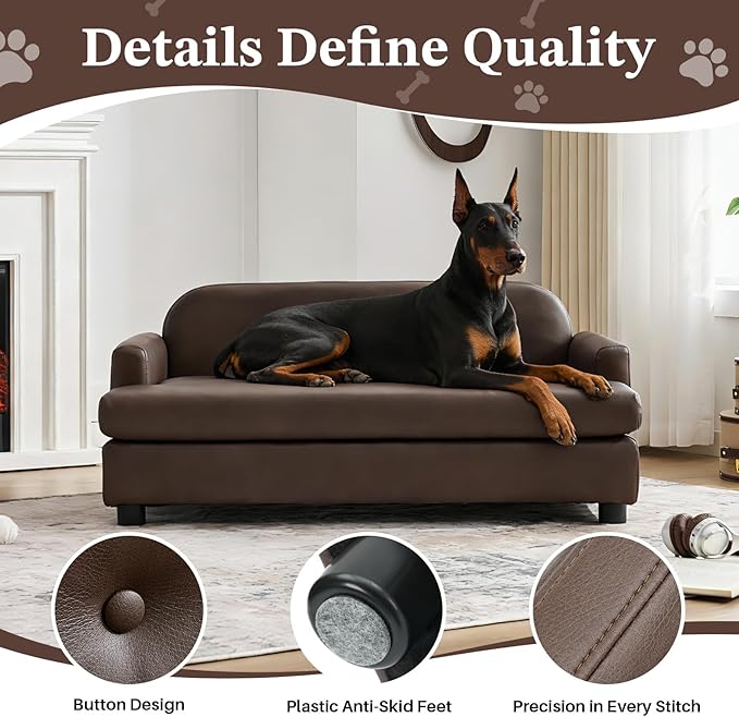 Luxury Dog Sofa Bed Elevated Pet Couch with Durable Waterproof Leather & Orthopedic Sponge - Modern Furniture Style Dog Lounge & Pet Bedside Step for Medium/Large Dogs, Brown