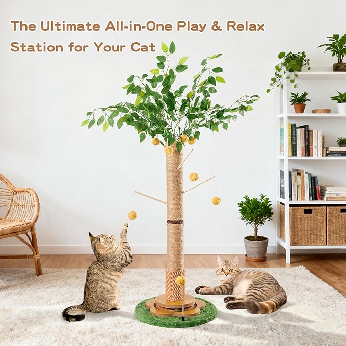 45" Tall Cat Scratching Post with Sisal Rope for Indoor Cats Adults Kittens, Cat Tree Scratcher with Hanging Balls, Self Groomer, Track Balls