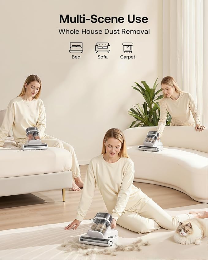 Trucozie Mattress Vacuum Cleaner, 16Kpa Bed Vacuum with Smart Dust Sensor, Anion & Aromatherapy, 275nm UV Light, 149℉ Heat & Ultrasonic & Tapping, Corded for Bed Sofa Couch Pet Hair, White