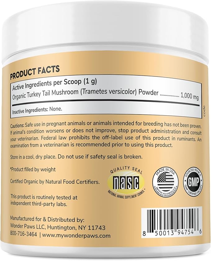 Wonder Paws Organic Turkey Tail Mushroom for Dogs – Powerful Turkey Tail for Dogs Mushroom Powder for Immunity, Respiratory, Digestion & Cellular Health–with Beta Glucans & Polysaccharides (120 g)
