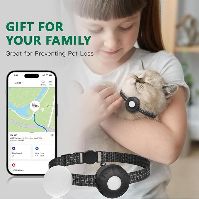Cat Tracker,No Monthly Fee GPS Trackers for Cats Work with Apple Find My App(iOS Only),Real-Time Location Tracking,Cat Tracker GPS Collar with Safety Elastic Buckle-Black