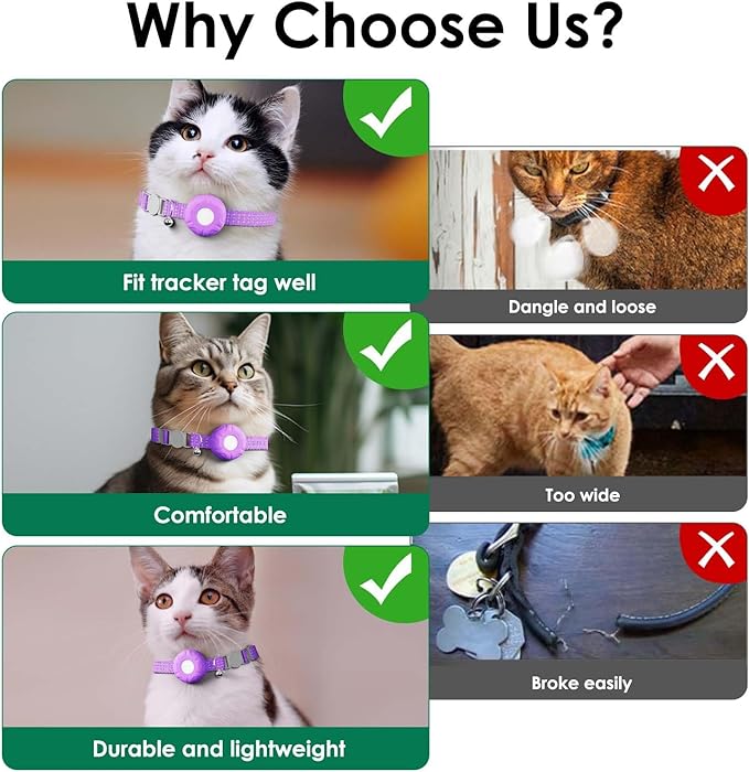 GPS Tracker for Cats, Compatible with Apple Find My App (Only iOS), No Monthly Fee Cat Tracker, Waterproof (White Tracker, Purple Cat Collar)