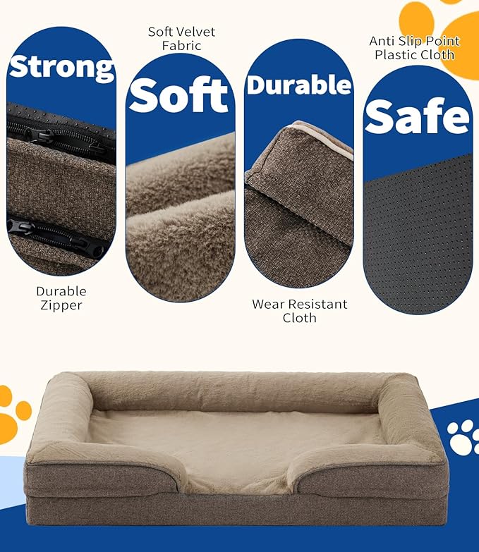 Made4pet Dog Bed Orthopedic Dog Sofa for Large Dogs,Supportive Foam Pet Cushions Bed with Washable Removable Cover, Egg-Crate Foam, Waterproof Lining Bottom, Brown, 24 * 18 * 6 Inch