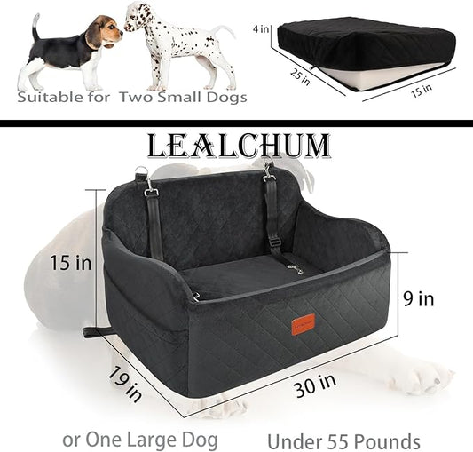 Lealchum Large Dog Car Seat,Memory Foam Cushion Car Seat for 2 Small Dogs,Comfy Car Dog Bed with Side Pocket and 2 Clip-On Safety Leashes,Easy to Install Cars Seat for Dogs(Black, Large)