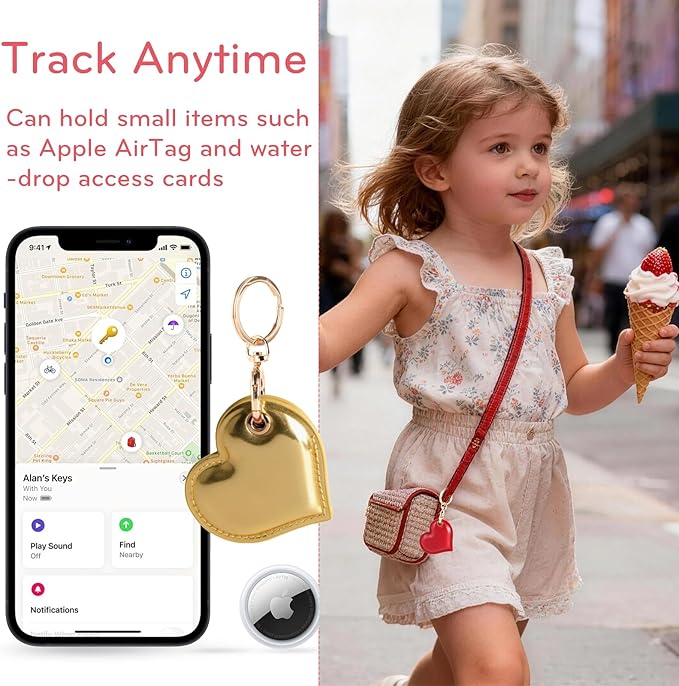 Leather Charm Keychain Holder Case Compatible with AirTag,Cute Protective Heart-Shaped Cover with Luxe Ring Clip,Finder GPS Tracker Case for Wallet Keys,Bag,Pets(Edge-Sealing,Golden)