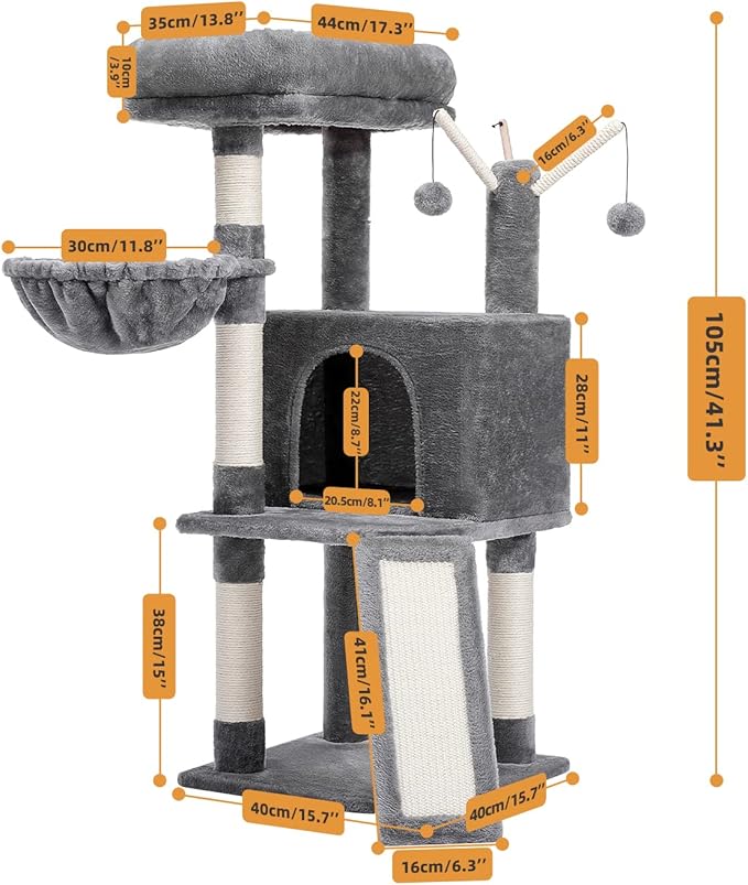 MUTTROS Cat Tree, Multi-Level Cat Tower for Indoor Cats, Cat Climbing Tree Condo with Sisal Covered Scratching Posts, Deep Hammock and Interactive Cat Toy, Gray