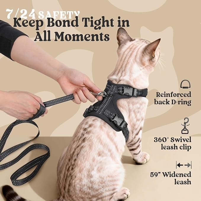 rabbitgoo Cat Harness and Leash, Escape Proof Vest with 3 Adjustable Buckles, Soft Comfortable Kitten Harness, Easy to Wear, Reflective for Safe Outdoor Walking, Medium, Black