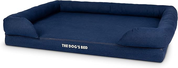 The Dog’s Bed Orthopedic Memory Foam Dog Bed with Bolsters for XXL Dogs, Waterproof Washable Cover, Anti-Slip Base, Calming Surface – CertiPUR-Certified Foam, Denim Fabric, Blue Denim, XXL