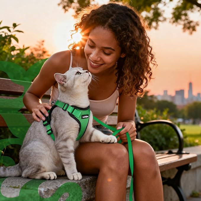 rabbitgoo Cat Harness and Leash for Walking, Escape Proof Soft Adjustable Vest Harnesses for Cats, Easy Control Breathable Reflective Strips Jacket, Grass Green,S