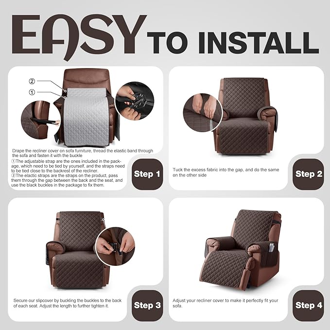 KinCam 100% Waterproof Recliner Chair Cover, Reclining Couch Covers for Pets, Dogs, Recliner Couch Slipcover Furniture Protector with Elastic Straps for Kids(23.6", Chocolate)