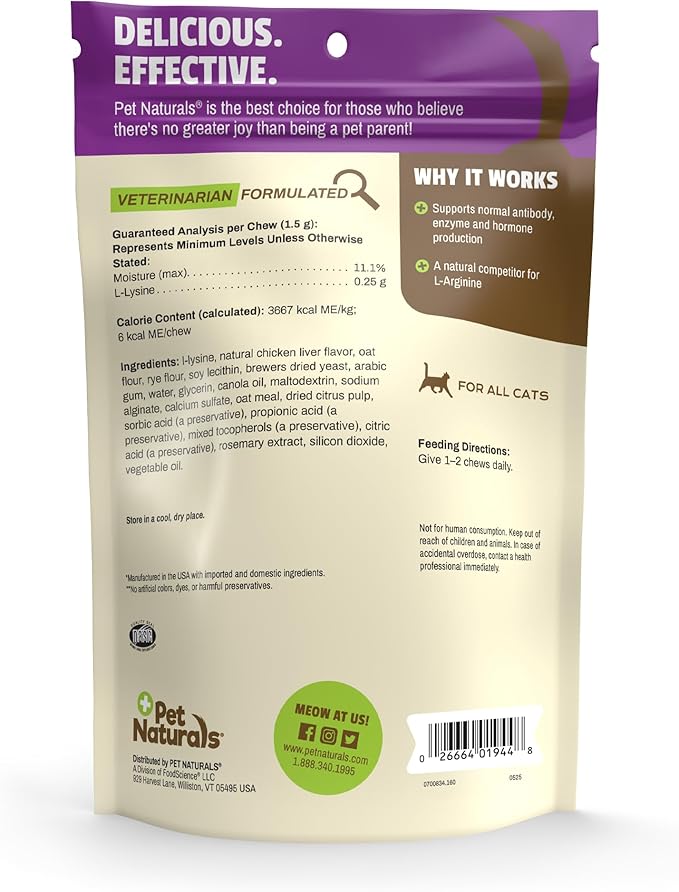 Pet Naturals Lysine Soft Chews, Immune and Respiratory Support for Cats, No Wheat or Corn, Vet Formulated, Value Size, Chicken, 160 Count