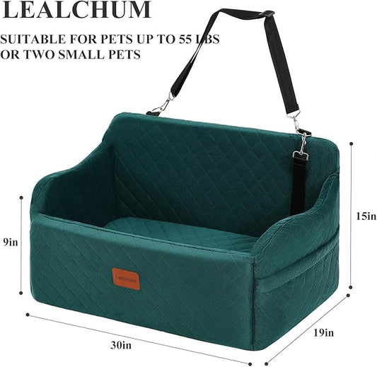 Lealchum Dog Car Seat for Medium/Large Dogs,2 Clip-On Safety Leashs for 2 Small Dogs,Removable and Washable Comfy Pet Car Seat,Easy to Install and Clean (Green, Large)