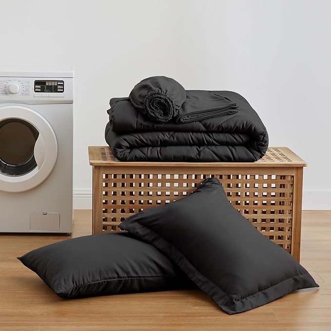 Love's cabin Twin Comforter Set Black, 5 Pieces Twin Bed in a Bag, All Season Bedding Sets with 1 Comforter, 1 Flat Sheet, 1 Fitted Sheet, 1 Pillowcase and 1 Pillow Sham