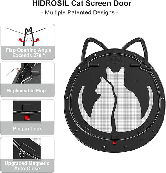 HIDROSIL Cat Door for Screen Door, Inside Openning 10x10x0.5 inch, Patent Desigh Pet Screen Door with Lockable Magnetic Flap for Doggy and Cat Door, Suitable 0-18lb Cats and Small Dogs, Black