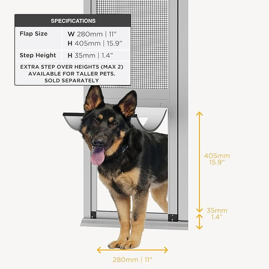 Hakuna Pets V2 Patio Pet Door Screen Insert Panel for Sliding Doors, Fits Door Track Min Ht 62.99" to Max Ht 84.25",UV Resistant Mesh, Locking Magnetic Dog Door, Easy Install and Removal,Large,Silver