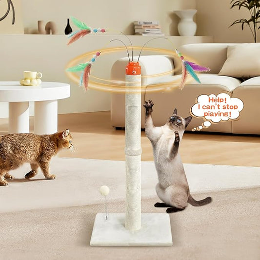 YARUOMY Cat Scratching Post ,33.4" Sisal Rope Cat Scratcher Tall Scratching Post for Indoor Cats with Interactive Cat Toys Automatic Teaser Wand and Rotating Hanging Balls