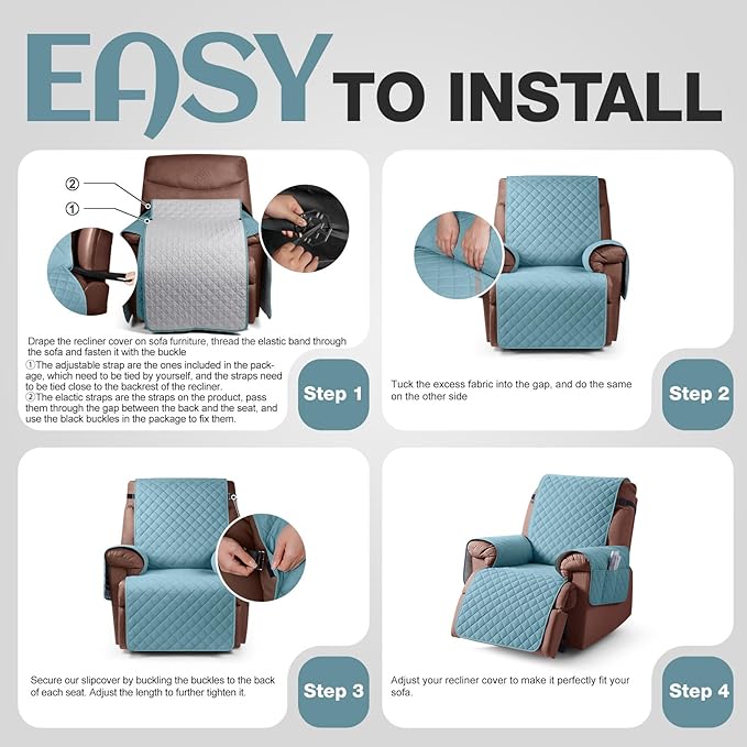 KinCam 100% Waterproof Recliner Chair Cover, Reclining Couch Covers for Pets, Dogs, Recliner Couch Slipcover Furniture Protector with Elastic Straps for Kids(25", Light Blue)