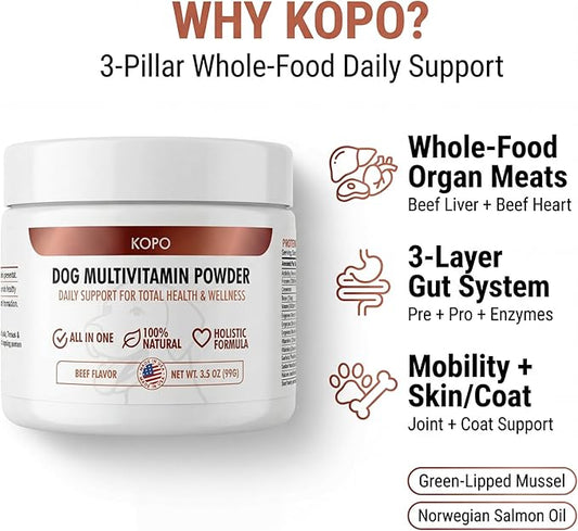 Kopo Dog Multivitamin Powder | Supports Heart, Daily Vitality, Immune Health, Digestion, Skin & Coat and Hip & Joint | For Puppy, Adult & Senior Dogs | Beef Liver Flavor | All Breeds Sizes | 99 Scoops