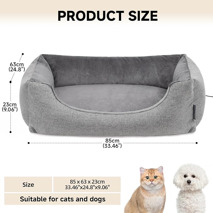 Heated Dog Bed with Auto Sensing Heated pad, 3-Temperature Settings & Chew-Resistant Cord - 33x25 Inch Luxury Sofa-Style Heated Pad for Large Dogs