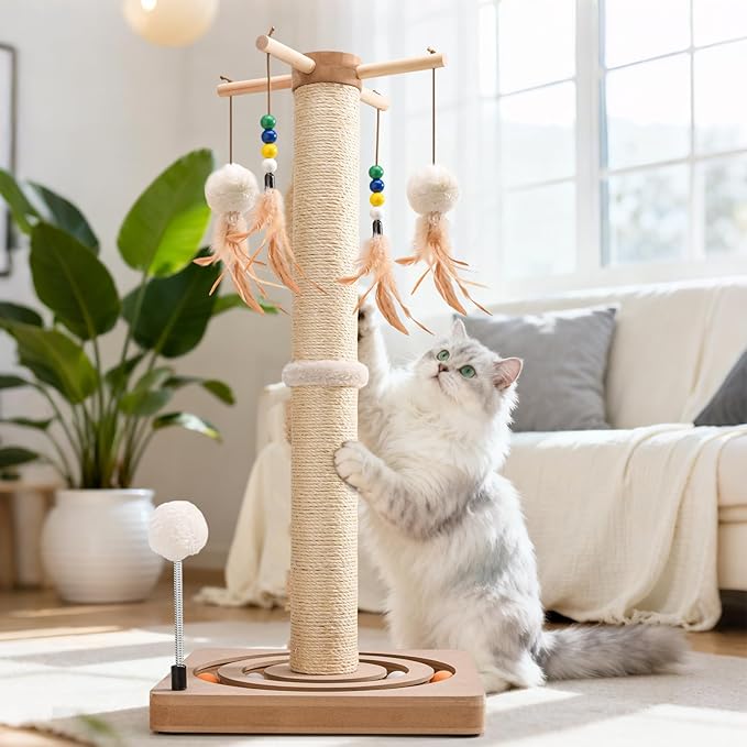 LIFLIX 25 Inches Cat Scratching Post with Interactive Toys, Sisal Cat Scratch Post with Sturdy Ball Track Base for Indoor Cats and Kittens