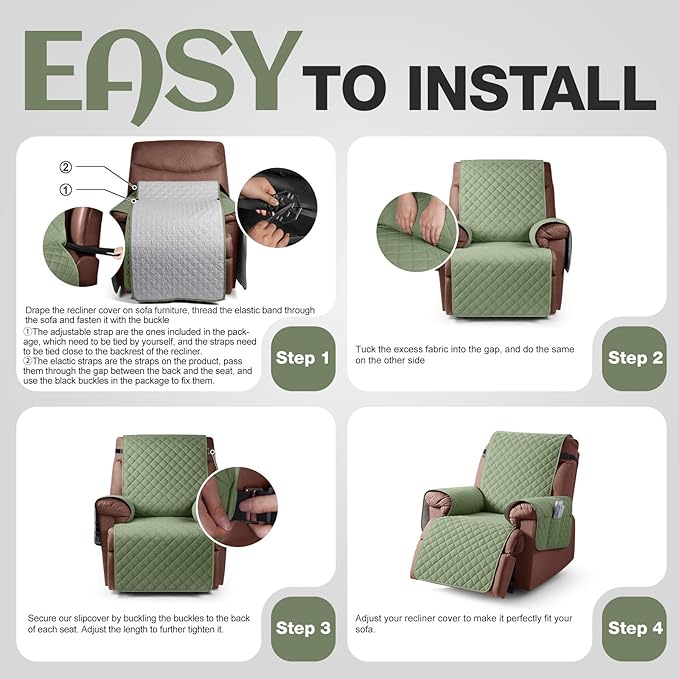 KinCam 100% Waterproof Recliner Chair Cover, Reclining Couch Covers for Pets, Dogs, Recliner Couch Slipcover Furniture Protector with Elastic Straps for Kids(25", Cactus Green)