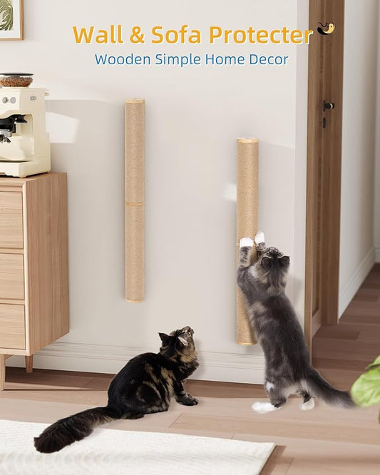 Aechonow 68" Wall Mounted Cat Scratcher, 2-Pcs of 34inch Tall Sisal Scratching Posts, Wall Mounted Cat Pole for Indoor Large Adult Cats Climb Stretch Play, Wooden