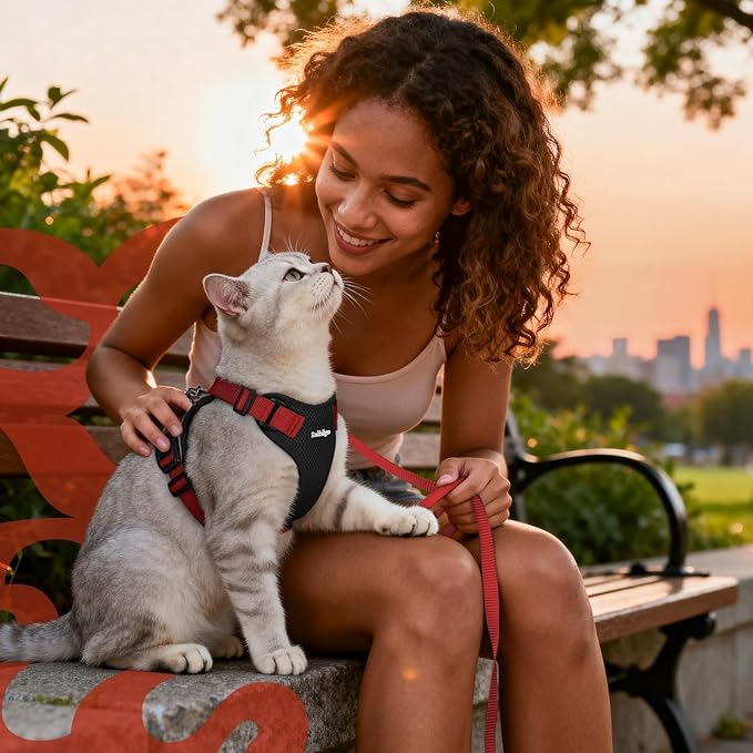 rabbitgoo Cat Harness and Leash for Walking, Escape Proof Soft Adjustable Vest Harnesses for Cats, Easy Control Breathable Reflective Strips Jacket, Black & Red, XXS