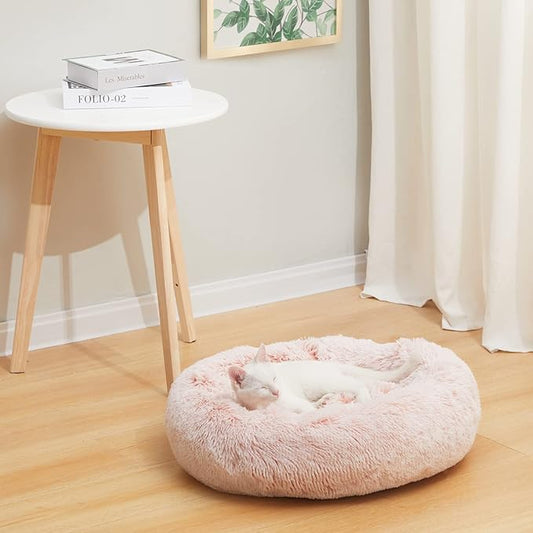 Bedfolks Calming Donut Dog Bed Cat Bed, 23 Inches Round Fluffy Dog Beds for Small Dogs, Machine Washable Anti-Anxiety Plush Puppy Bed(Pink, Small)