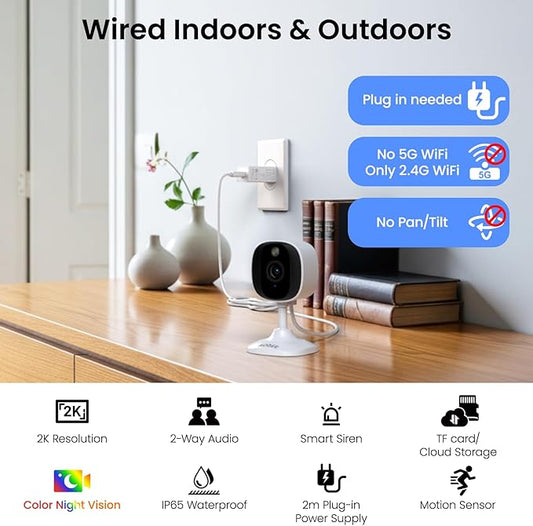 AOQEE 2K Cameras for Home Security-Outdoor/Indoor Camera for Dog/Cat/Pet/Nanny/Baby/Elderly, Color Night Vision, White Light, Siren, 24/7 SD Recordings, Works with Alexa, Plug in (C1-White-1pack-2.4G)