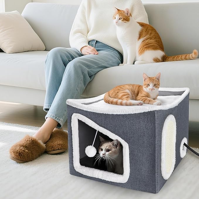 Tovve Heated Cat House for Indoor, Large Cat Bed with Heating Pad, Adjustable Temperature & Timing, with Fluffy Ball Hanging and Scratch Pad, Foldable Pet Hideaway for Small Medium and Large Cats(XL)