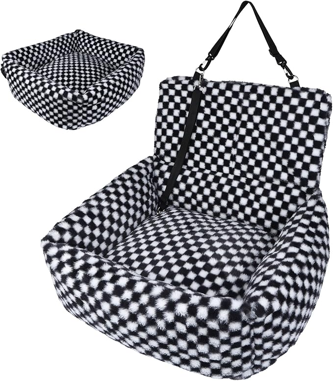 Dog Car Seat for Small Dogs,Medium Dog Car Bed with Detachable Washable Cover,Pet Puppy Booster Cars Seats with Safety Belt Up to 30 lbs(Grid Black)