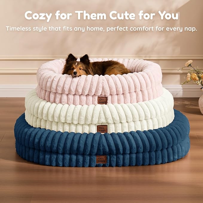 ChiXnuggle Dog Bed Large Sized Dog - Luxury Striped Faux Fur Waterproof Pet Couch with Removable Washable Cover, Orthopedic Pet Bed with Bolster Sides for Sleeping, Midnight Blue