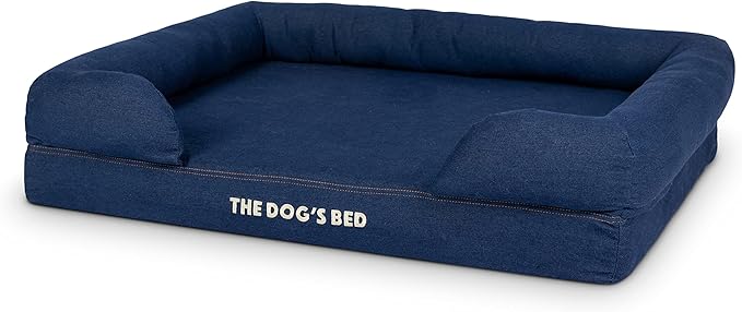 The Dog’s Bed Orthopedic Memory Foam Dog Bed with Bolsters for Large Dogs, Waterproof Washable Cover, Anti-Slip Base, Calming Surface – CertiPUR-Certified Foam, Denim Fabric, Blue Denim, Large