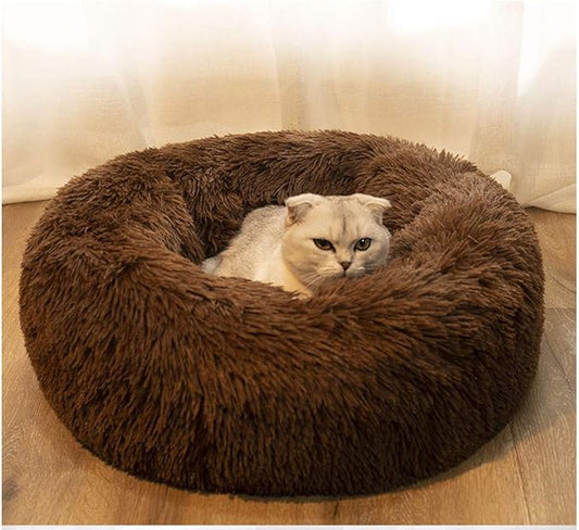 BODISEINT Modern Soft Plush Round Pet Bed for Cats or Small Dogs, Mini Medium Sized Dog Cat Bed Self Warming Autumn Winter Indoor Snooze Sleeping Cozy Kitty Teddy Kennel (24'' D x 8'' H, Chocolate)