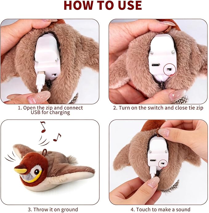 Interactive Chirping Bird Cat Toys with Flapping Wings,New Flying Birds Cats Toy, Flying Simulation Electric Sparrow Shaking Hunting Pet Toy for Indoor (Sparrow)