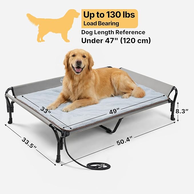 Veehoo Elevated Dog Bed with Plush Heated Mat, Raised Dog Bed with Waterproof Heating Pads for Cats & Dogs Outdoor Indoor, Heated Dog Sofa Bed with Power Line Protection Tube, 50.4" x 33.5", Grey