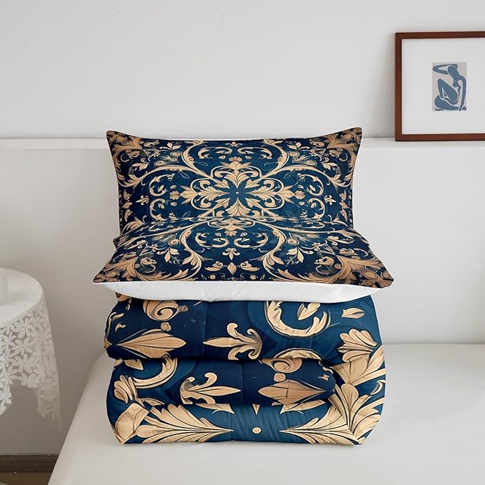 Erosebridal Paisley Comforter Set Full Flower Bedding Set, Navy Blue Beige Bedding Comforter Sets Golden Floral Duvet, Bohemian Hippie Quilted Comforter Teen Adults Bedroom Décor, Lightweight 3pcs