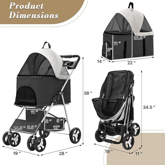 Athena Collection 4 Wheels Pet Stroller for Medium Dogs 33 Lbs - Puppy Cat Carrier With Detachable Carrier, Cup Holder Tray, Bottom Storage - Black