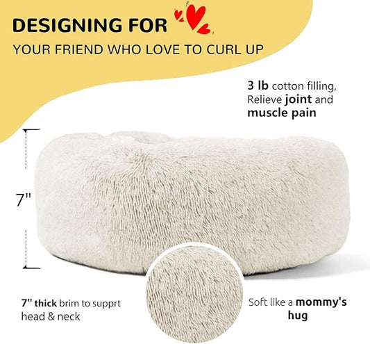 HACHIKITTY Calming Donut Cuddler Dog Bed, Round Fluffy Pet Bed for Large Dogs,Washable, Large, White, 30''