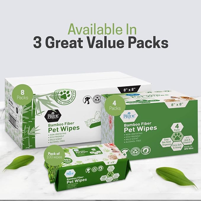 MED PRIDE Gentle Doggie Towelettes Biodegradable Pet Wipes XL – 100% Bamboo Fiber Dog & Cat Cleaning Wipes with Aloe Vera – 8”x8” Hypoallergenic Deodorizing Grooming – 8 Packs (800 Count)