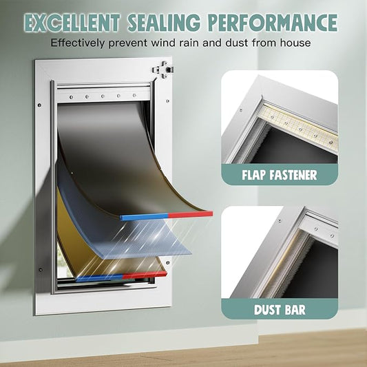 3-Flap Insulated Aluminum Dog Door for Walls, Heavy-Duty Telescoping Pet Door with Dual Security Locks & Magnetic Flaps, Closing Panel, Large, Pets Up to 110 LB