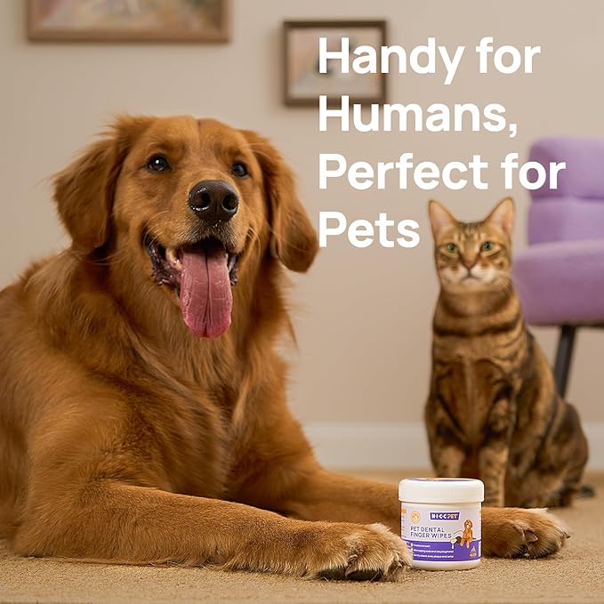 HICC Pet Teeth Cleaning Wipes for Dogs & Cats, Remove Bad Breath by Removing Plaque and Tartar Buildup, Disposable Dog Finger Toothbrush Gentle Pet Dental Care Wipes, 50 Counts, (Mentha Spicata Scent)