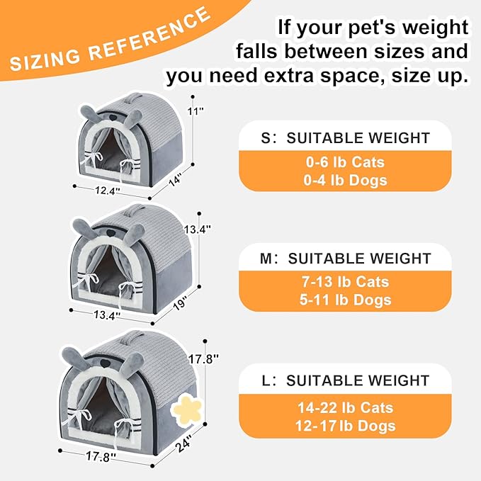 Jiupety Small Dog House Indoor, Cat House with Door Curtain Design, Puppy House with Reversible Washable Cushion, M Size Portable Pet Cave for 7-13 lb Cats and 5-11 lb Dogs, Non-Slip Bottom, Grey